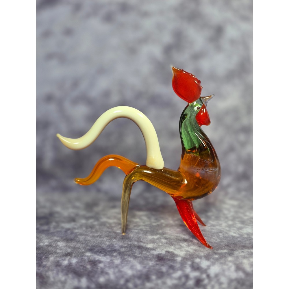 Vintage Hand Blown Glass Rooster Figurine Miniature Multi-Color Lampwork Art